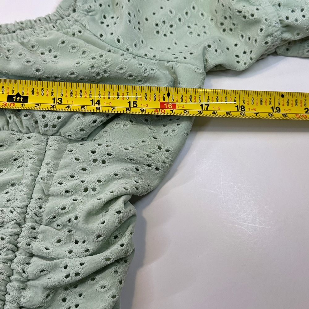 Urban Romantics Sage Green Eyelet Ruched Milkmaid Crop Top Smocked Back Large - Picture 5 of 7